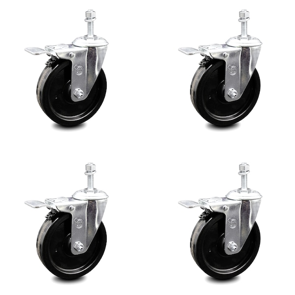 5 Inch Phenolic Swivel 3/8 Inch Threaded Stem Caster Set with Total Lock Brake